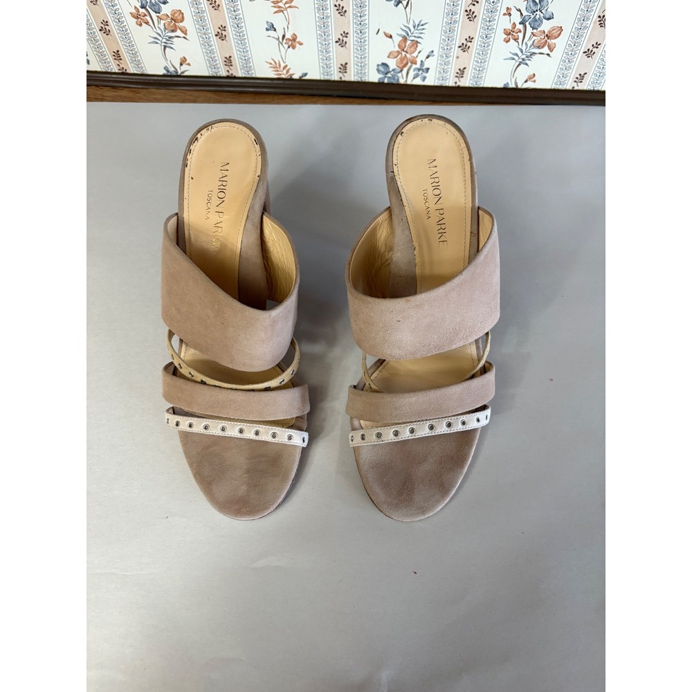 Marion Parke Toscana Beige Suede Block Heel Mules Studded Strappy Sandals 40